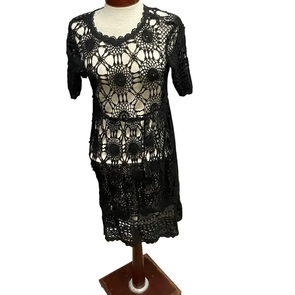 Vintage Black Crochet Dress Coverup Size Medium Cotton DAM American Concept VTG